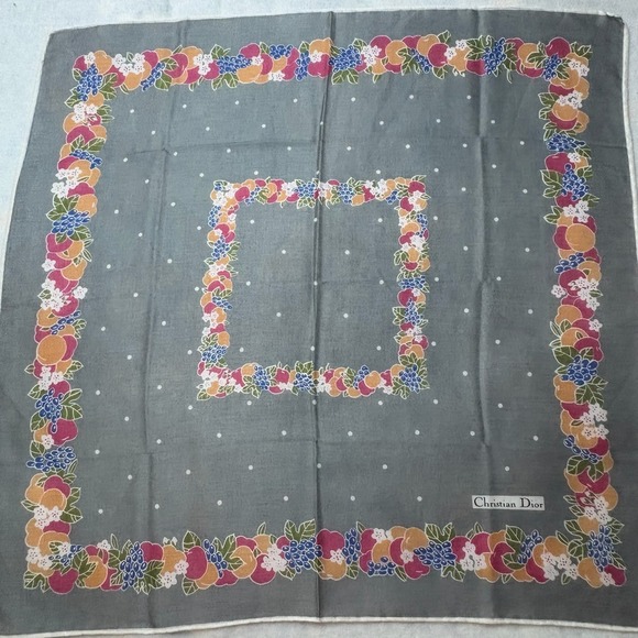 Christian Dior Accessories - Vtg CHRISTIAN DIOR Scarf Handkerchief Fruit Floral Polka Dot Cotton Grey 18"